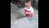 Dítě krmí dítě ptáky