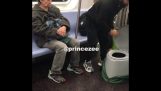 Mies avaa kannettava wc ja ottaa kaatopaikka junassa