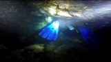 Mergulhador em uma caverna subaquática muito estreita