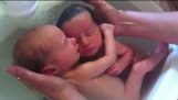 El baño de los bebés gemelos