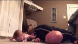 Father and daughter do gymnastics
