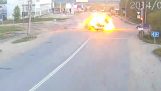 Car explosion in the collision