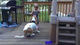 Hunden spelar med sin nya vän