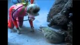 男人和海鳗鳗在新发现的友谊