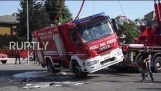 Firefighter truck flips over