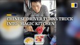 Truck driver cooks in his truck