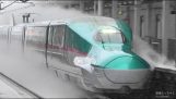 Trenes Shinkansen sobre rieles cubiertos de nieve