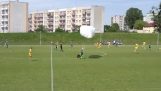 A paratrooper receives a yellow card