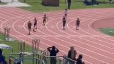 A little girl loses her shoe in a road race