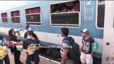 K-पश्चिम Byfleet, Hungary – ट्रेन स्टेशन. भोजन और पानी समर्थन शरणार्थियों द्वारा अस्वीकार कर दिया