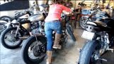 Girl kick starting a Harley Ironhead