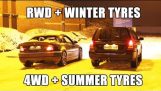 Zadný náhon KOLIES a zimné pneumatiky VS 4WD a letné pneumatiky na snehu