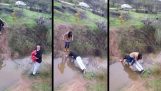 Ein ritterlicher junger Mann hilft seiner Freundin einen Bach zu überqueren