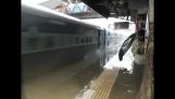 Pociąg jedzie przez zalany dworzec
