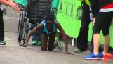 Athlet vervollständigt die Marathon-kniend