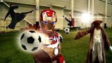 The superheroes play soccer