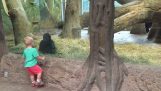 เด็กเล็กและกอริลล่าเล่นสวนสัตว์