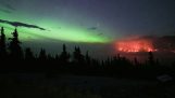 As luzes do norte ao lado dos incêndios florestais no Canadá