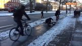 Triple fail cyclists on icy road