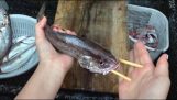 Cleaning fish with chopsticks