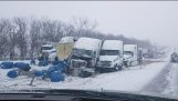 Big pileup due to the snowy road