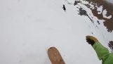 Kutya teszi snowboard szaltó egy havas lejtőn