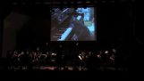 Et orkester ledsager en katt som spiller piano