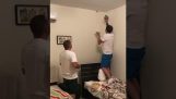 Two men against a spider