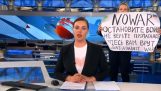 Kvinde afbryder nyhedsbulletin med et anti-krigsskilt (Rusland)