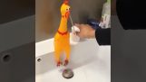 Der Wasserhahn mit Kunststoff Huhn