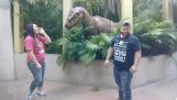 Kvinde poserer for fotografi ved siden af ​​en dinosaur