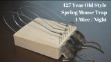 427 Year Old Style Spring Mouse Trap i aktion. 4 Mus i 1 nat.